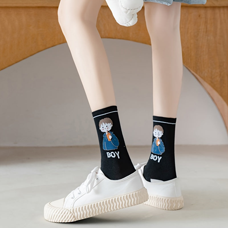 5 Pairs Cartoon Print Socks Women's Stockings Comfy & Mid Tube Hosiery
