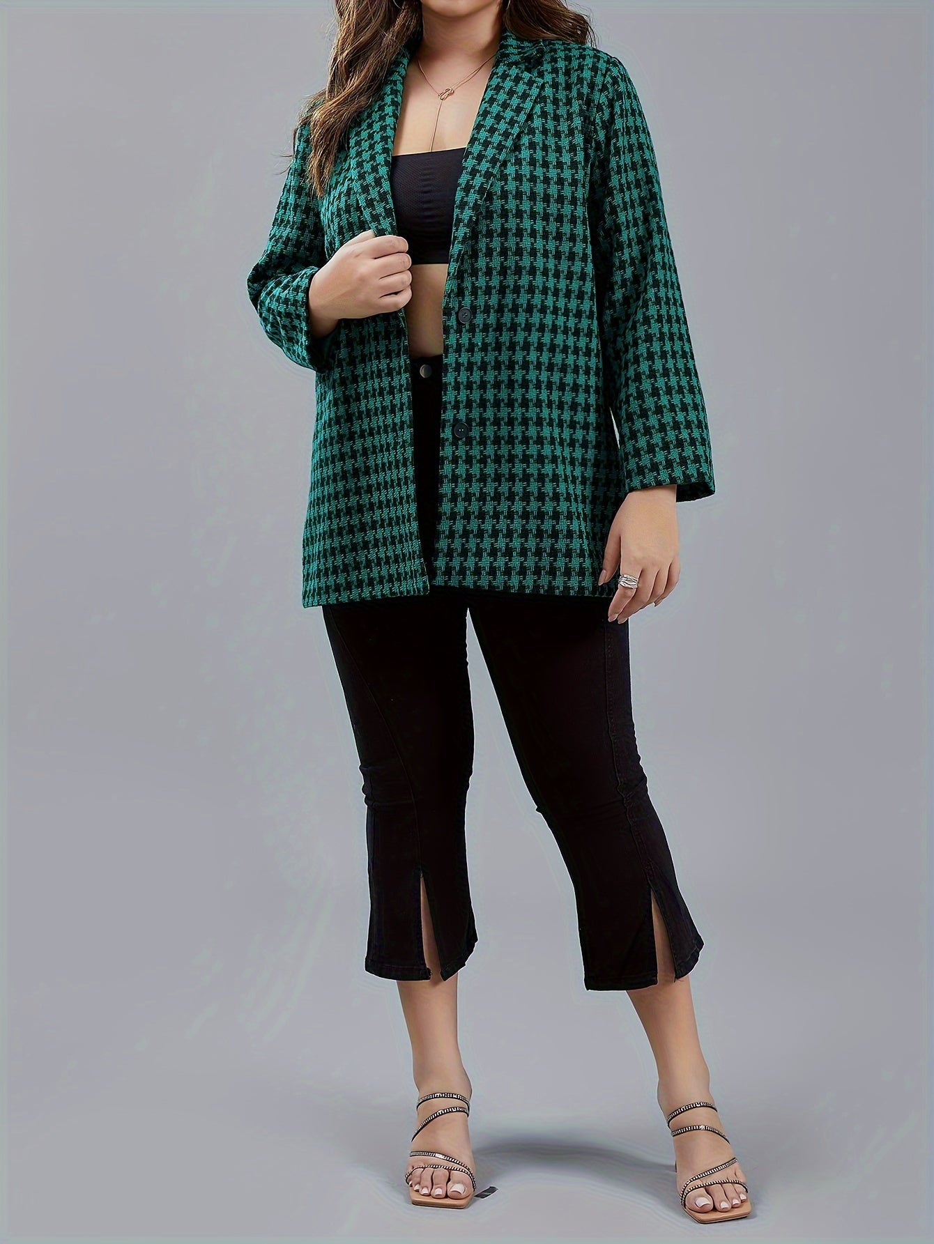  Houndstooth Print Long Sleeve Blazer