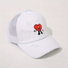 Heart Ripped Ponytail Baseball Cap Candy Washed Distressed Mesh Trucker Hat