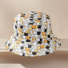 Cartoon Cat Reversible Bucket Hat Animal Print Sunshade Fisherman Cap