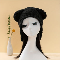 Bear Ears Knit Hat Solid Fleece Beanie Warm Animal Hat Ear Protection