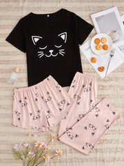 Cat Print Pajamas Set Short Sleeve Crew Neck Top & Shorts & Pants