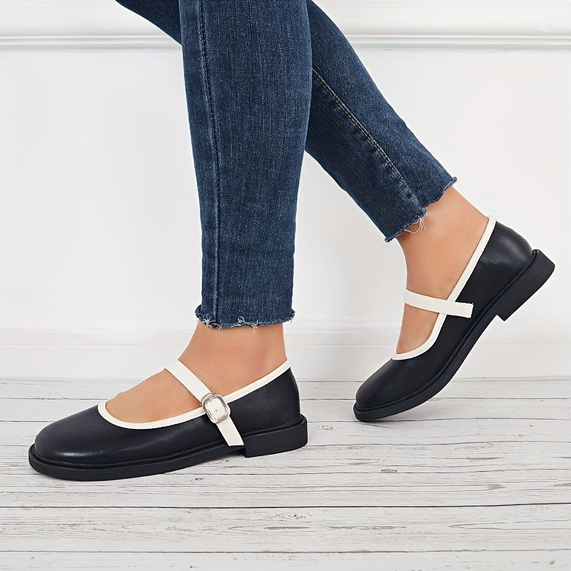 Women's Mary Jane Round Toe Buckle Strap Shoes Retro Flat Shoes