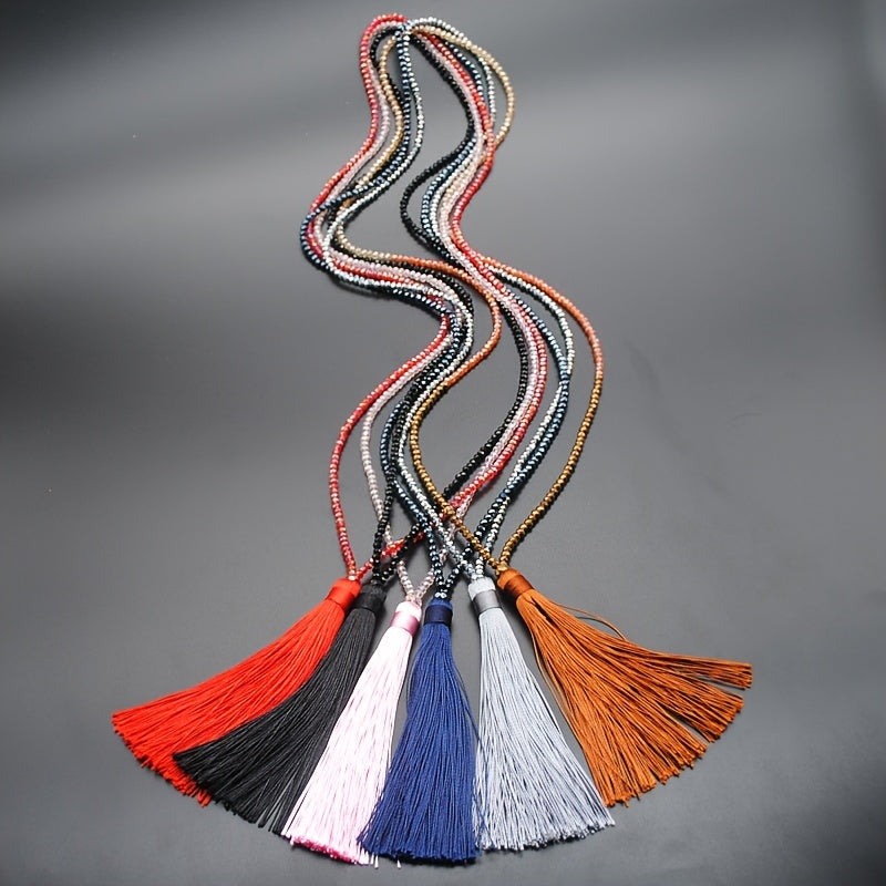 Multicolor Crystal Beaded Necklace Tassel Pendant Long Sweater Chain