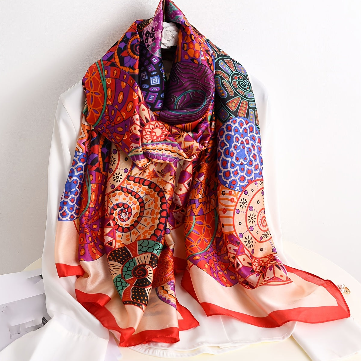 Vintage Geometric Circle Print Scarf Satin Headscarf Women Travel Wrap