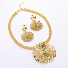 18K Plated Alloy Pendant Necklace & Earrings Set for Wedding