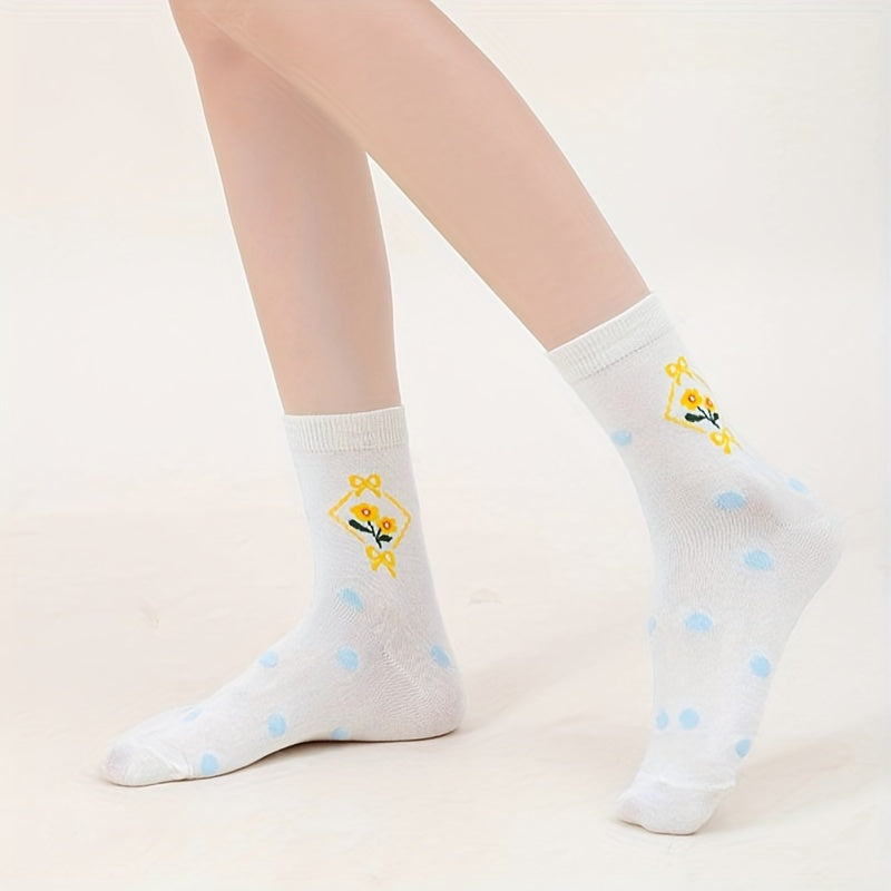5 Pairs Floral Print Socks Comfy & Breathable Mid Tube Socks