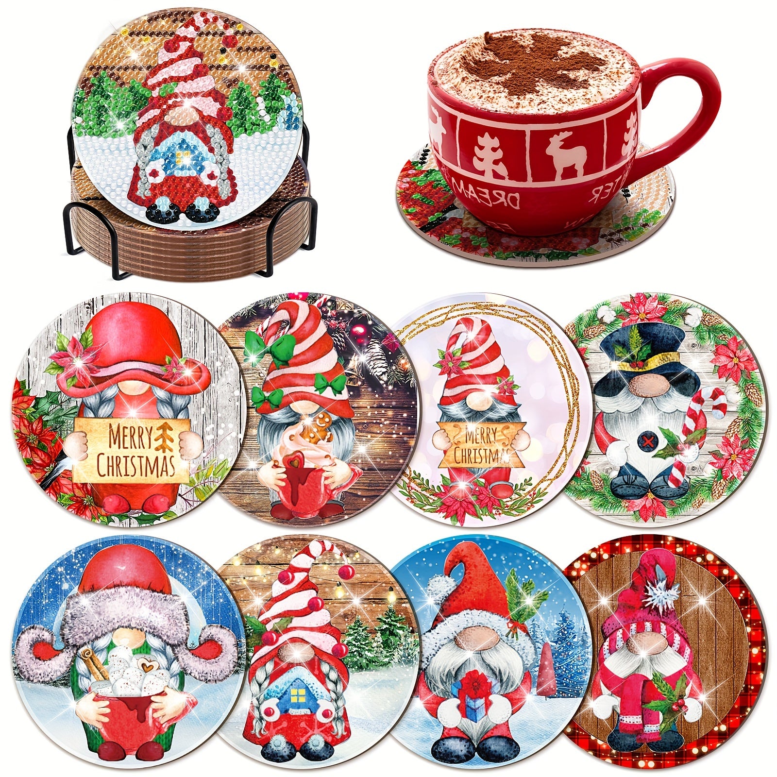 8pcs Christmas Candy Gnome Diamond Painting Coasters Kits