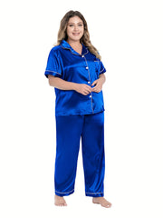  Silk Satin Button Up Shirt & Pants Lounge Set