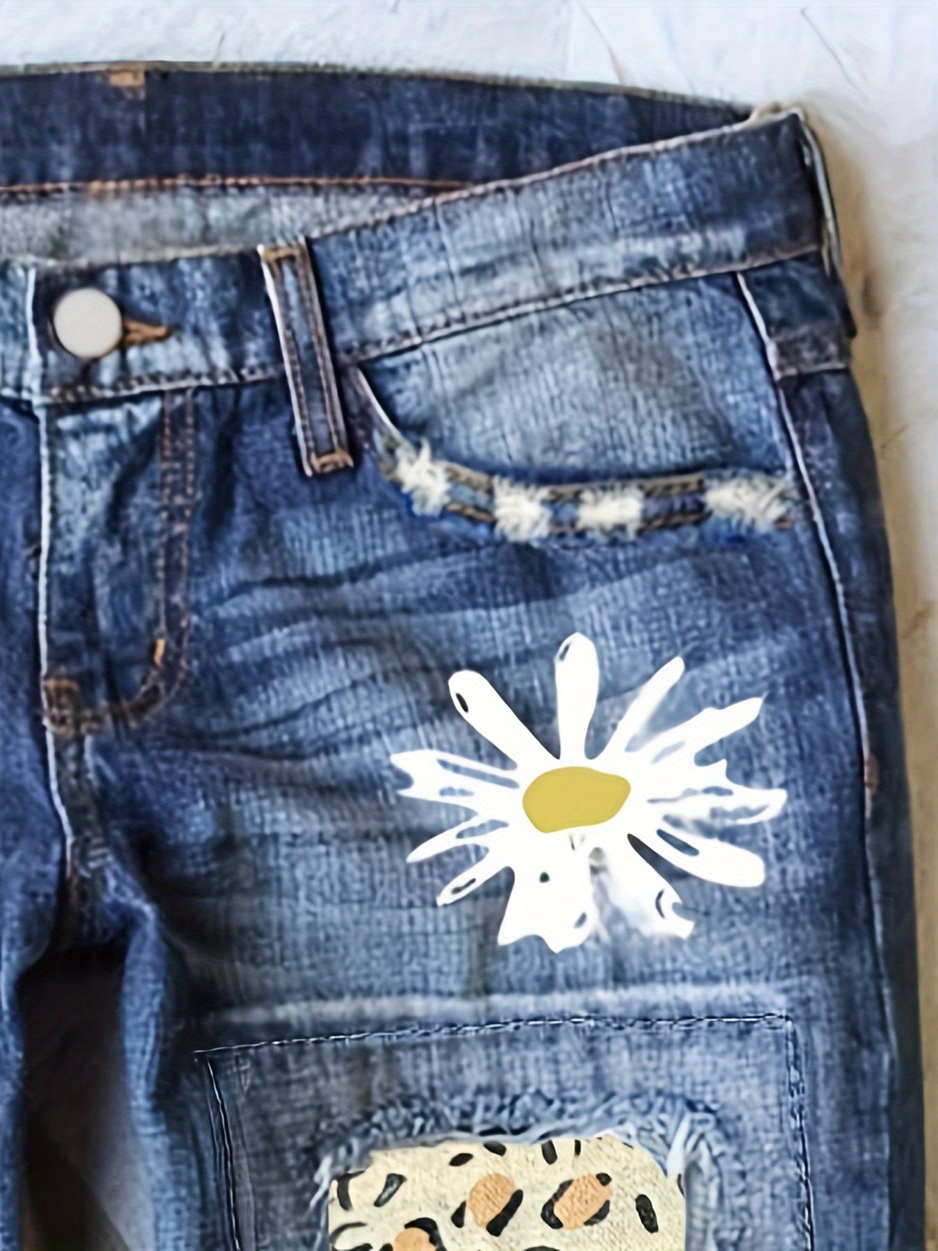  Daisy Print Leopard Patched Ripped Button Fly Jeans