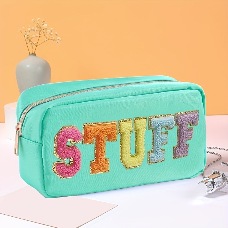 Plush Letter Print Zipper Makeup Pouch Portable Cosmetic Bag