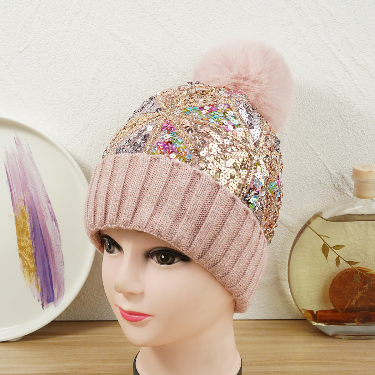 Glitter Sequins Winter Beanie Hat with Faux Fur Pom Pom