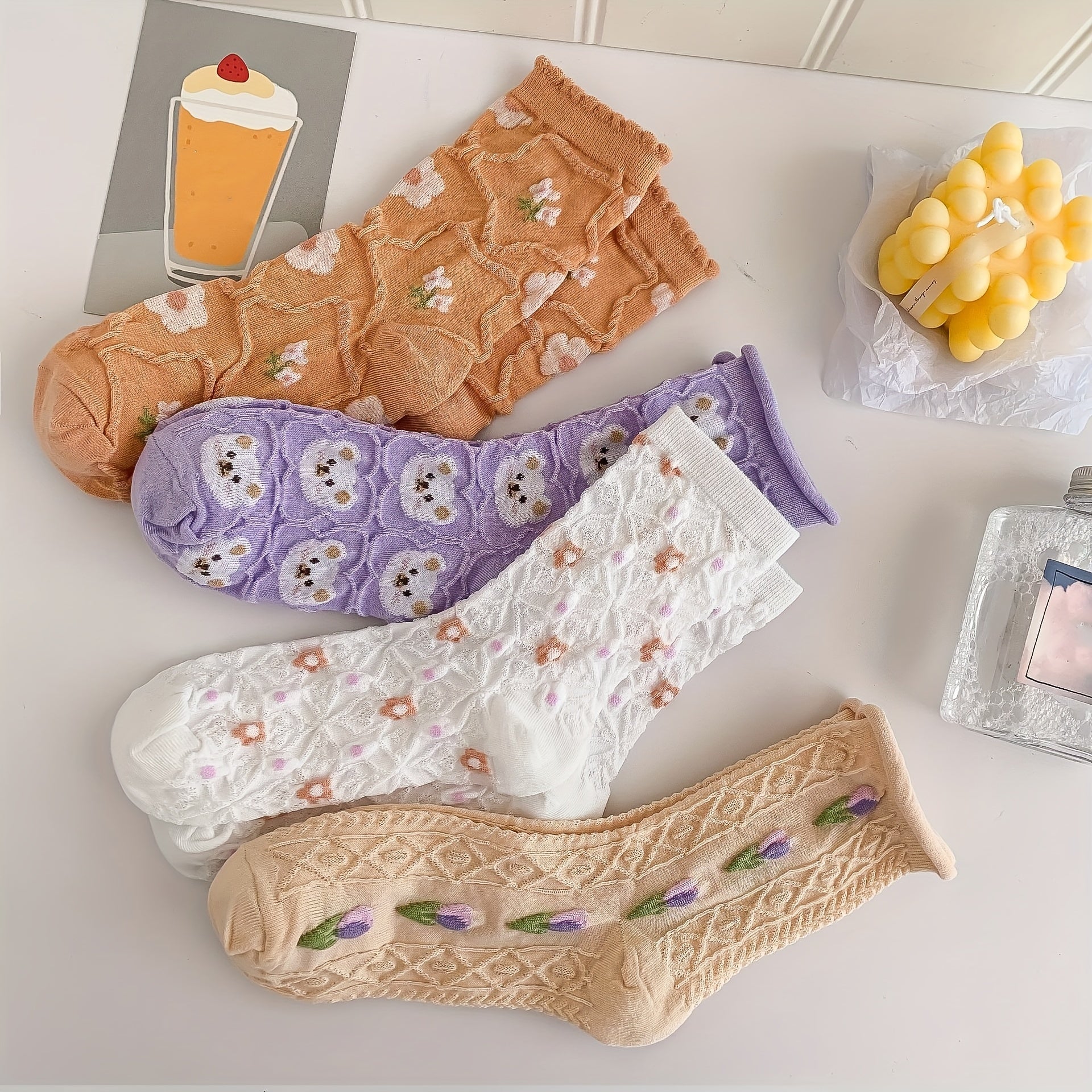 4 Pairs Floral Print Textured Socks Women's Stockings