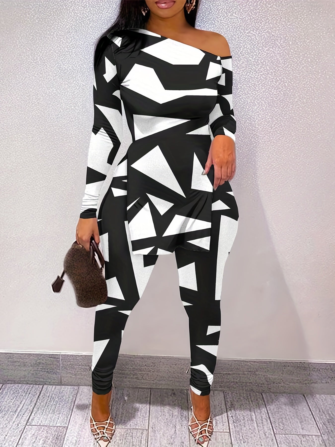  Geo Print Long Sleeve Top & Leggings Set