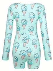 Ice Cream Print Romper Jumpsuit Long Sleeve Sexy Women's Clothing