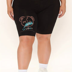Women's Plus Bear & Letter Print High Rise Biker Shorts