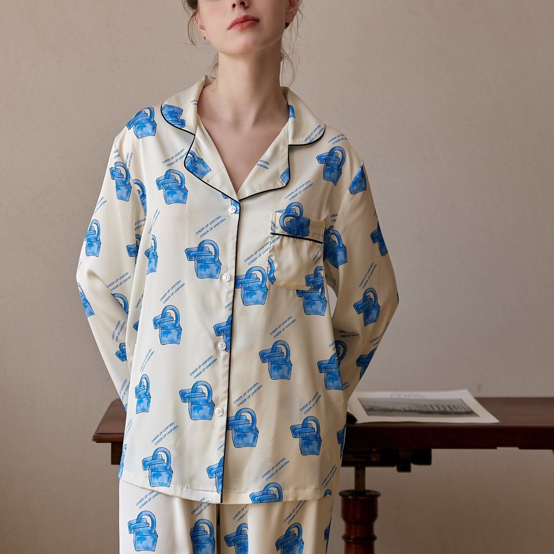 Locker Print Pajama Set Long Sleeve Top & Pants