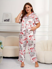  Flamingo & Leaf Print Satin Pajamas Set