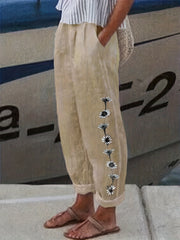  Floral Print Button Decor Elastic Pants