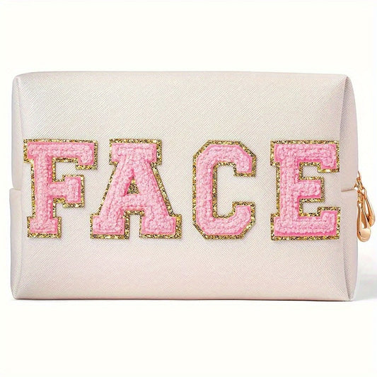 Plush Letter Patched Makeup Pouch Travel Toiletry Bag