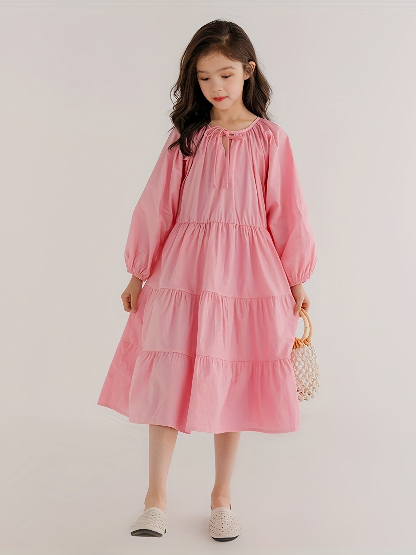 Girl's Solid Cotton One piece Dress Long Sleeve Loose Princess Dress