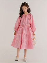 Girl's Solid Cotton One piece Dress Long Sleeve Loose Princess Dress