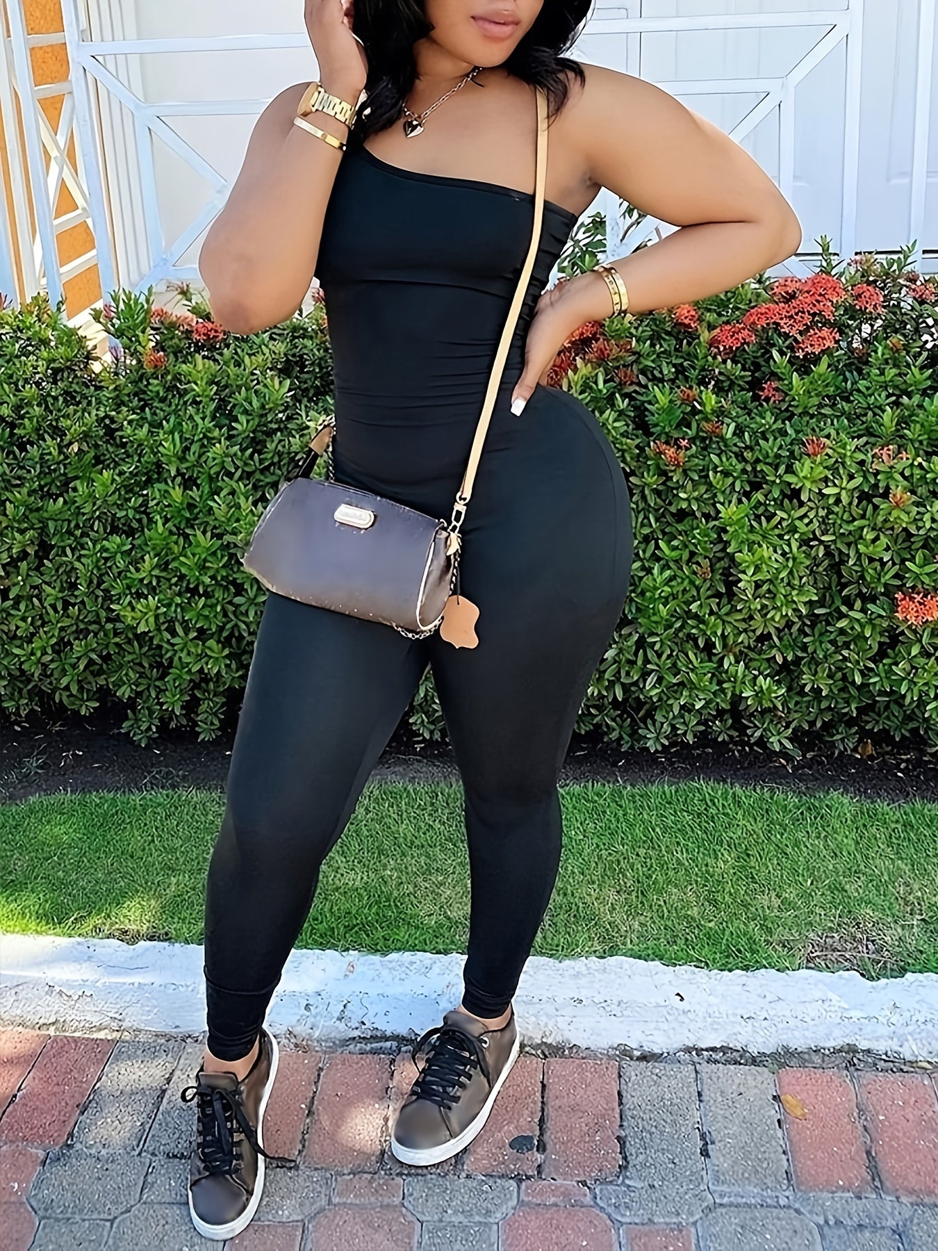 One Shoulder Slim Jumpsuit Sexy Sleeveless Asymmetrical Neck Jumpsuit