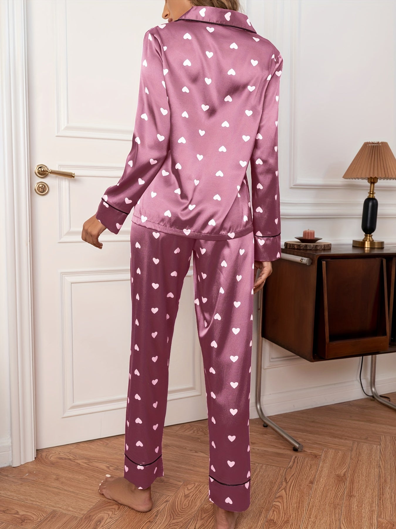 Red Satin Heart Pattern Pajama Set Long Sleeve Top & Pants Women's Loungewear