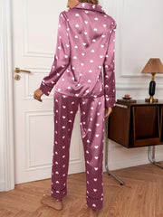 Red Satin Heart Pattern Pajama Set Long Sleeve Top & Pants Women's Loungewear