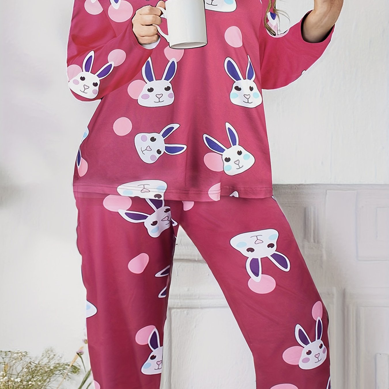  Rabbit & Dot Print Pajama Set Long Sleeve Tee & Pants Two Piece