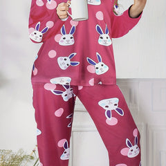  Rabbit & Dot Print Pajama Set Long Sleeve Tee & Pants Two Piece