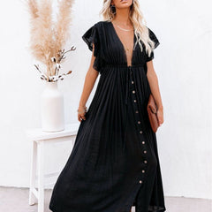 Plunging Pleated Maxi Dress Beach Summer