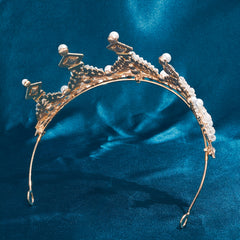 Golden Crystal Tiara Princess Faux Pearl Crown Headband For Bridal Wedding