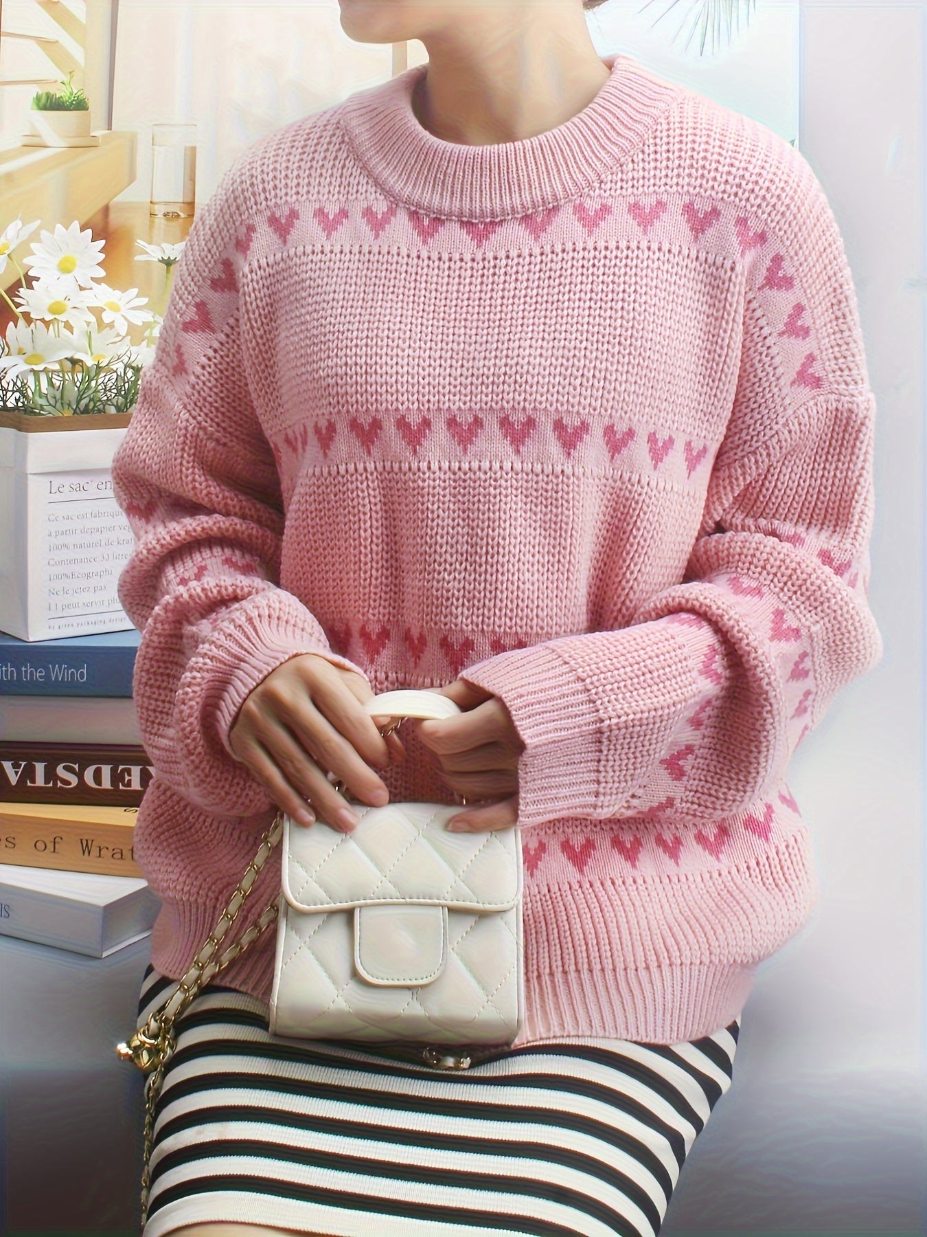  Heart Print Drop Shoulder Sweater