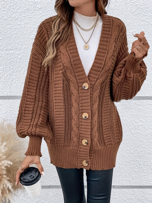  Solid Cable Lantern Sleeve Button Cardigan