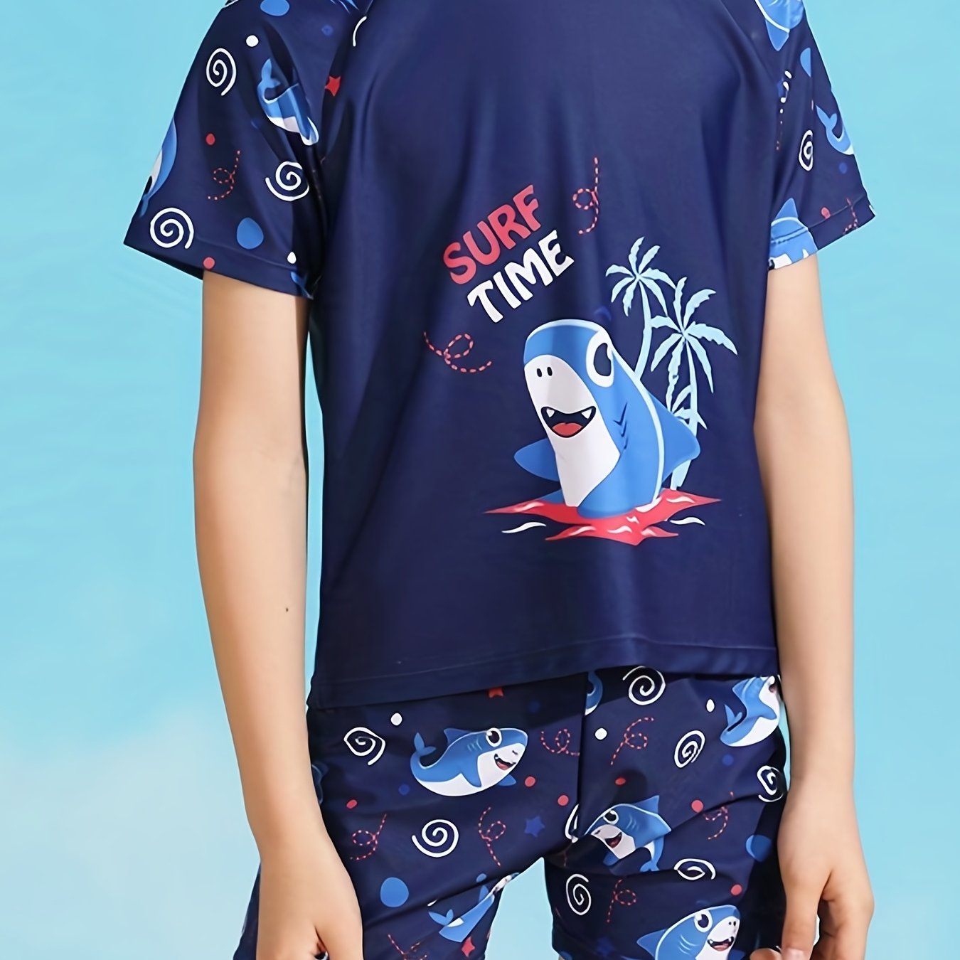 Boy's Shark Swimsuit 3pcs Set SURF TIME Print Stretchy Bathing Suit
