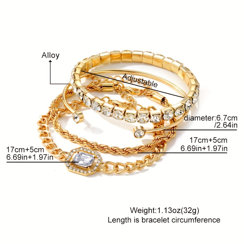 4pcs Chain Square Rhinestone Bracelet Set for Women Girls
