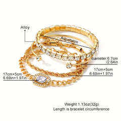 4pcs Chain Square Rhinestone Bracelet Set for Women Girls