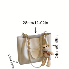 Women's PU Leather Tote Shoulder Bag with Bear Pendant