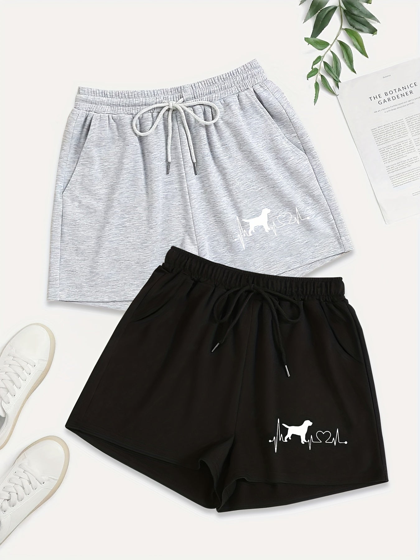 2 Pack Plus Size Casual Shorts Women's Plus Heart & Dog Print Drawstring Shorts