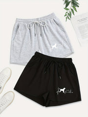 2 Pack Plus Size Casual Shorts Women's Plus Heart & Dog Print Drawstring Shorts