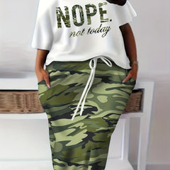 Casual 2 Piece Set Women's Plus Letter Print Top & Drawstring Skirt