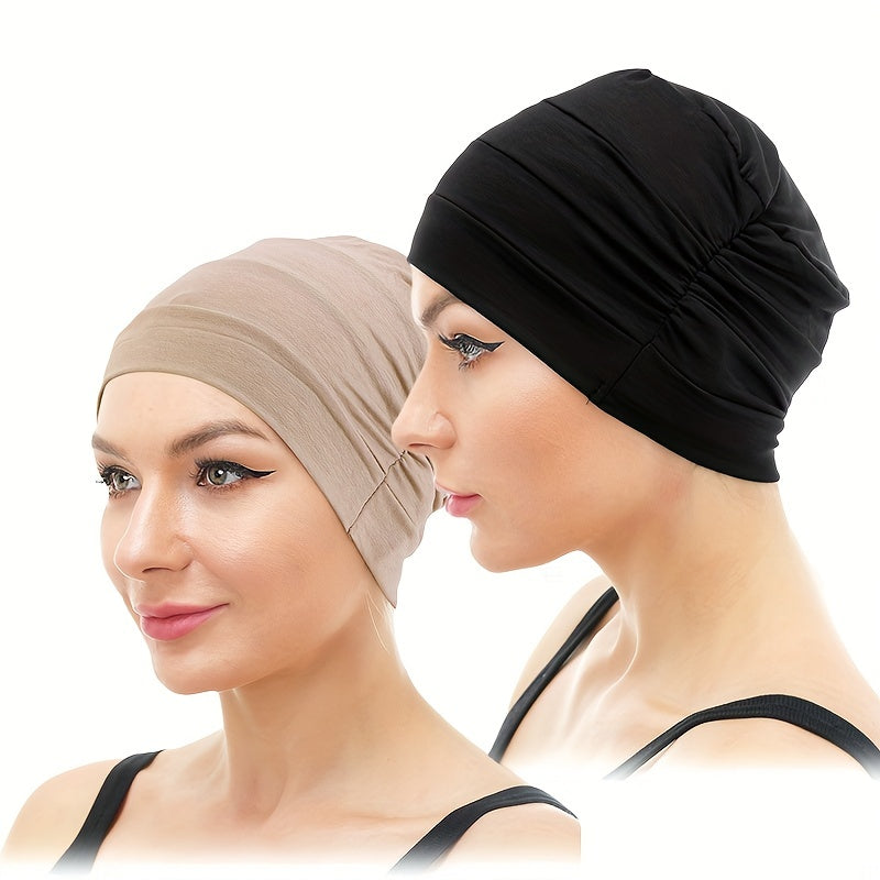 2pcs Ruched Turban Solid Inner Cap Lightweight Head Wrap Underscarf Beanie Cap