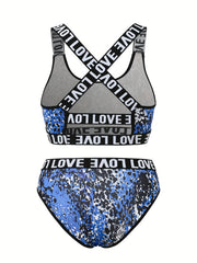 Leopard Bra & Panties Set Criss Cross Back Sports Bra & Letter Print Panties