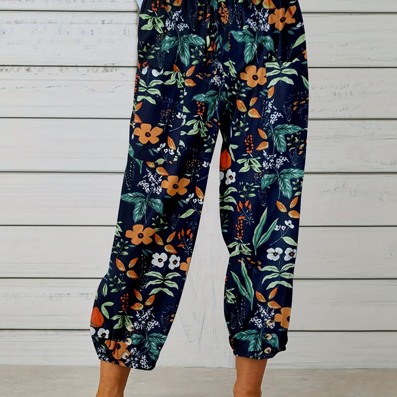 Vacay Pants Women's Plus Tropical Print Elastic Drawstring Trousers