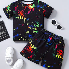 2pcs Boys Allover Print Graphic Short Sleeve Tees & Shorts Sets