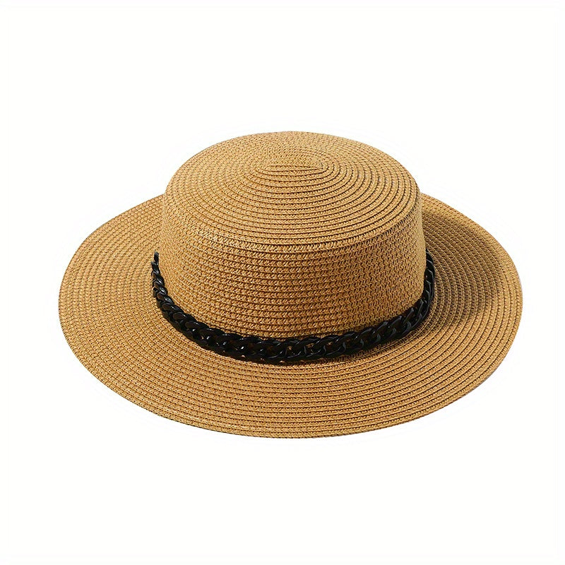Flat Top Straw Fedora Cap with Detachable Chain - British Jazz Hats for Women