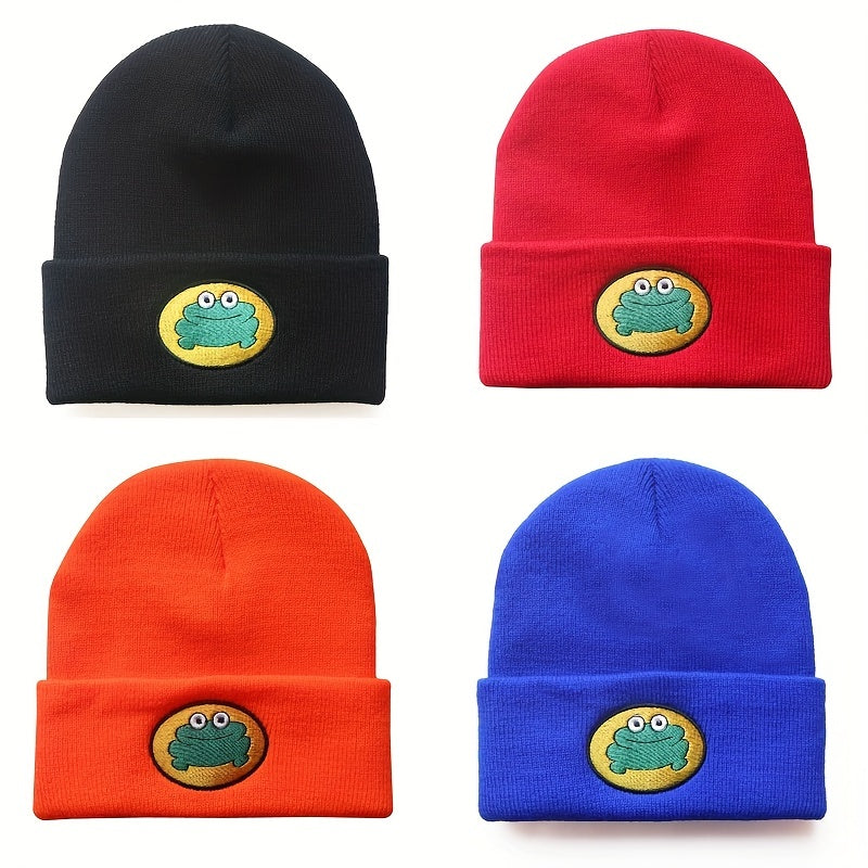 Warm Knit Beanie Hat with Cartoon Frog Pattern for Men Women
