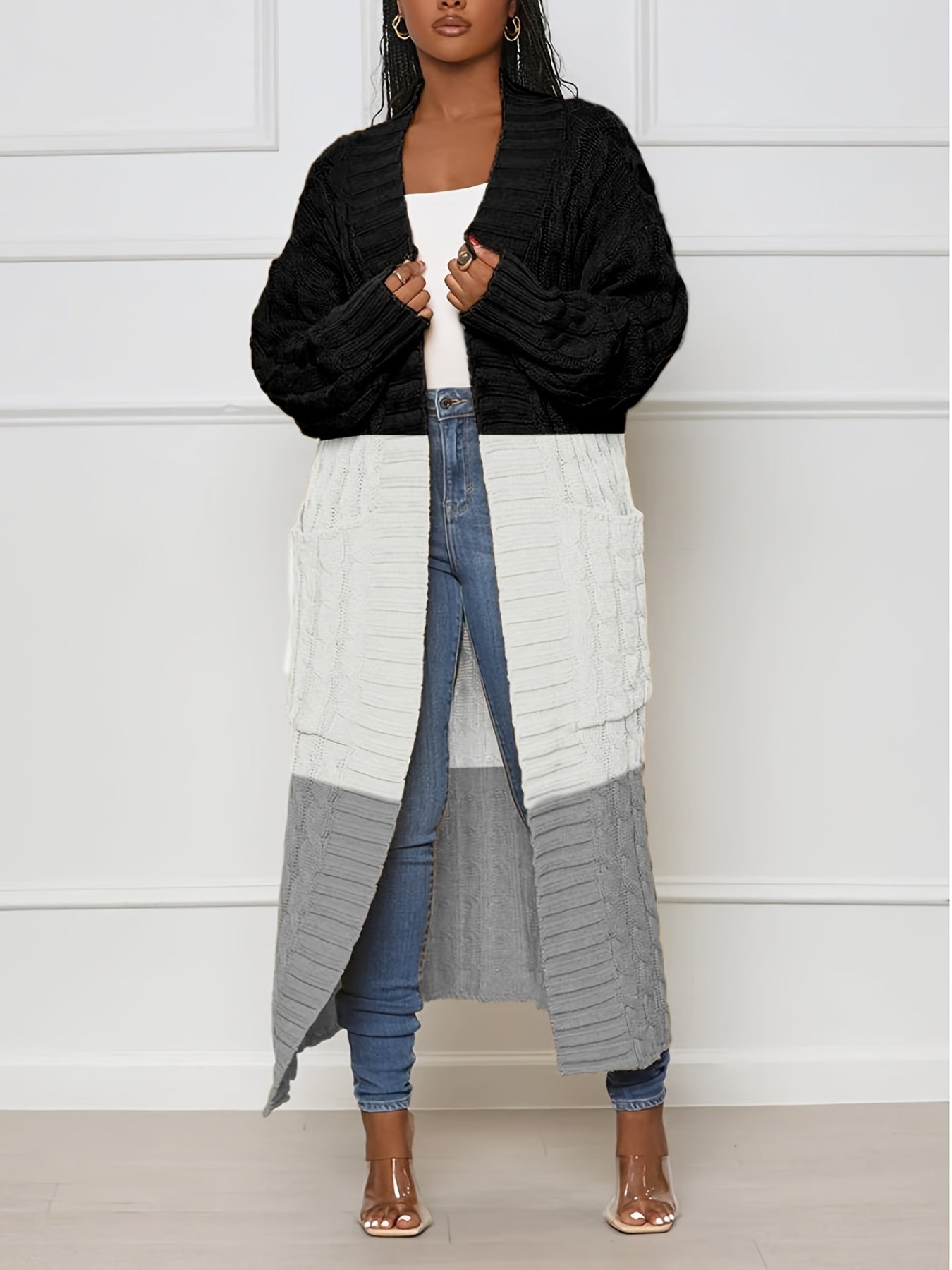  Colorblock Cable Long Sleeve Open Front Long Cardigan