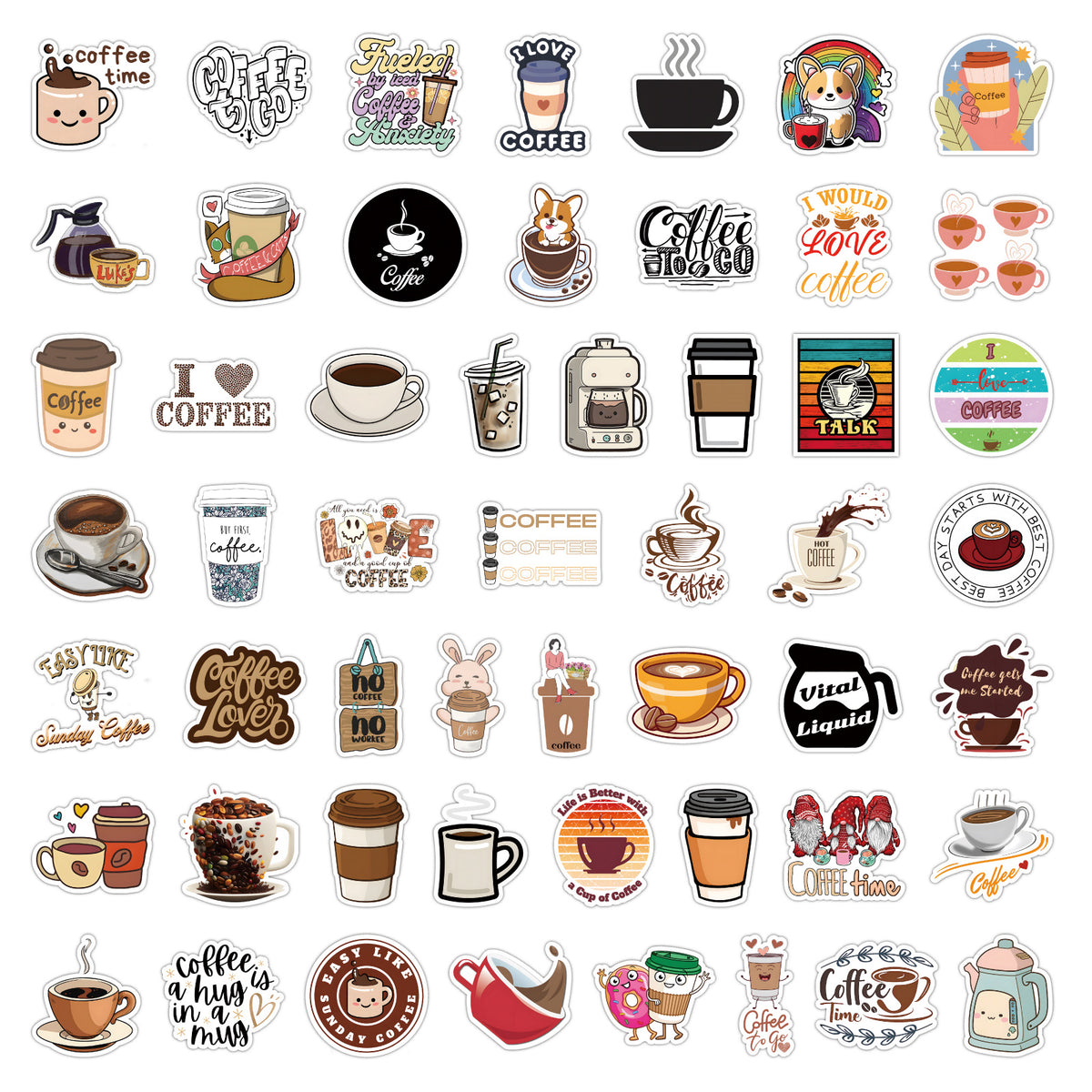 53 Pc Coffee Sticker Pack for Parties & Coffee Accessories
